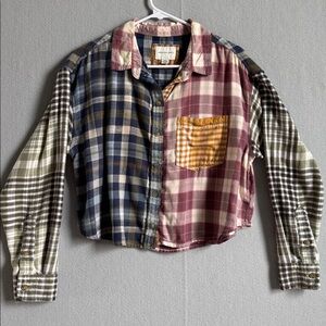 AMERICAN EAGLE‎ Cozy Cabin Cropped Patchwork Plaid Flannel Shirt Sz S Oversized